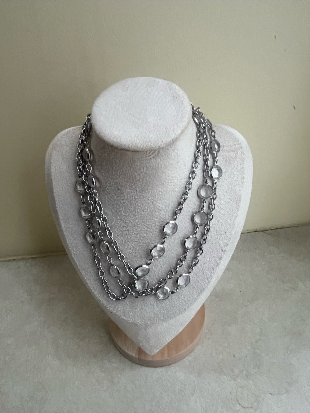 MGM Silver Tone Multi Strand Clear Crystal Station Necklace